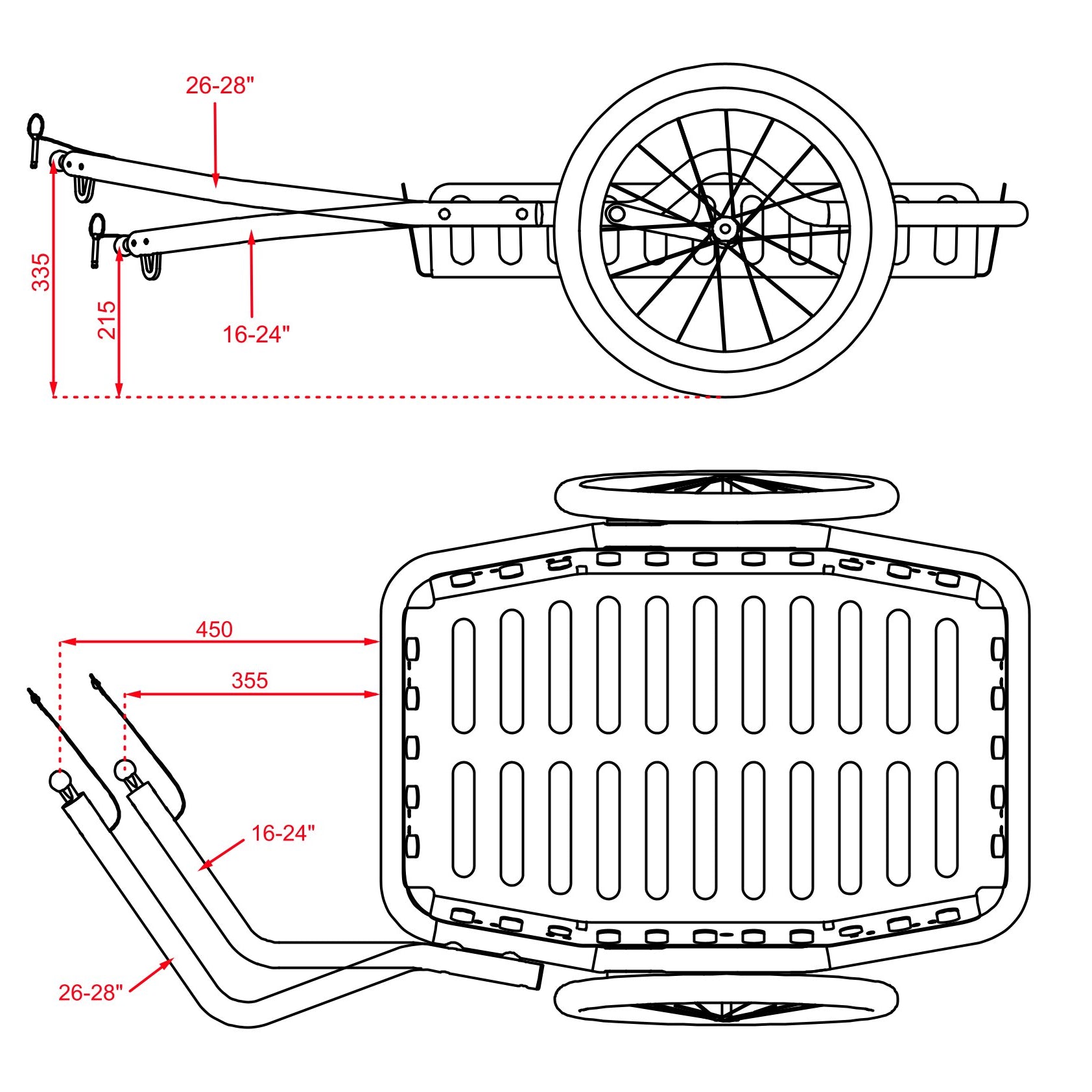 Skizze mit Bemaßung von Fahrradanhänger mit Deichsel