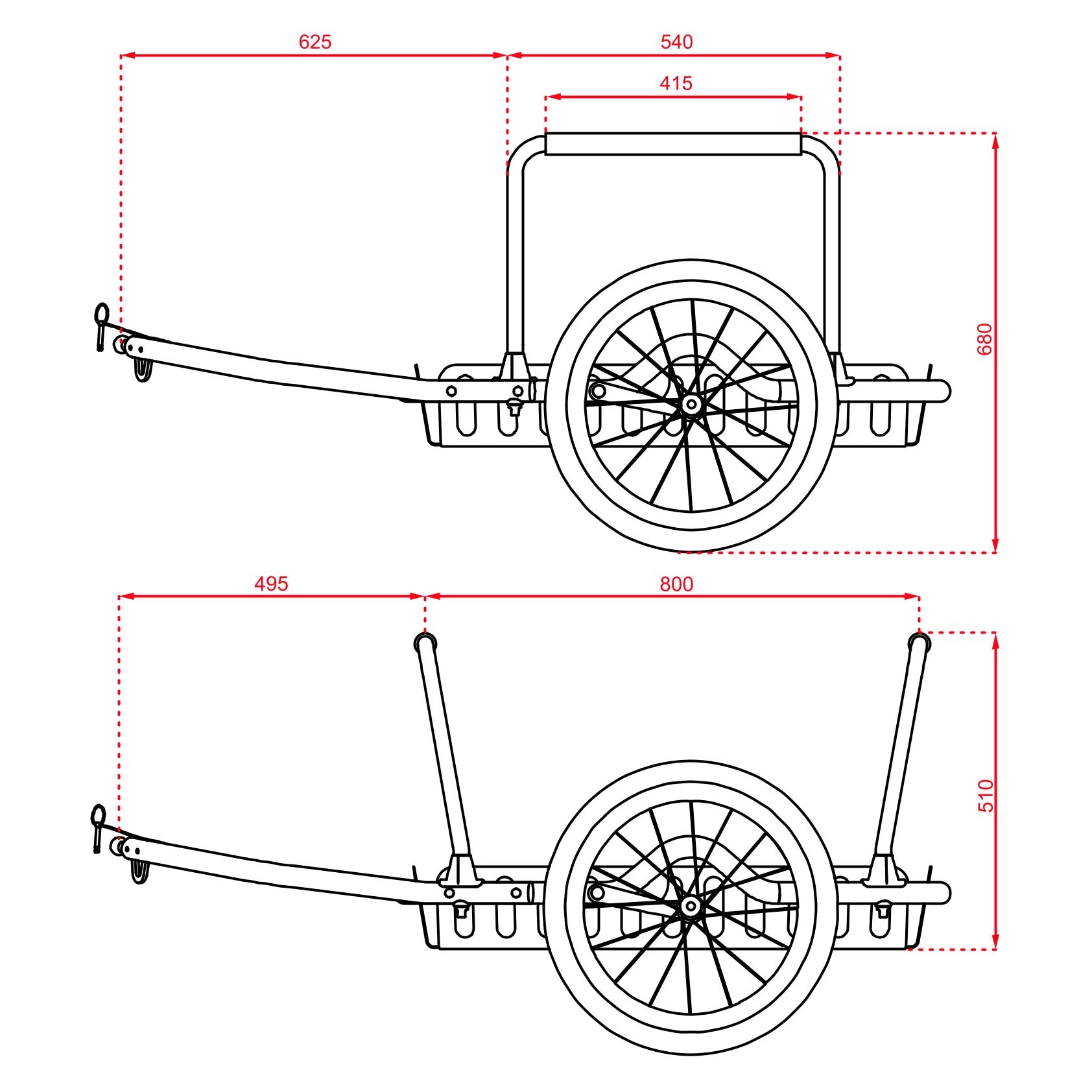 Bemaßung VEOLO Gepäck-Fahrradanhänger mit Packbügel und Deichsel