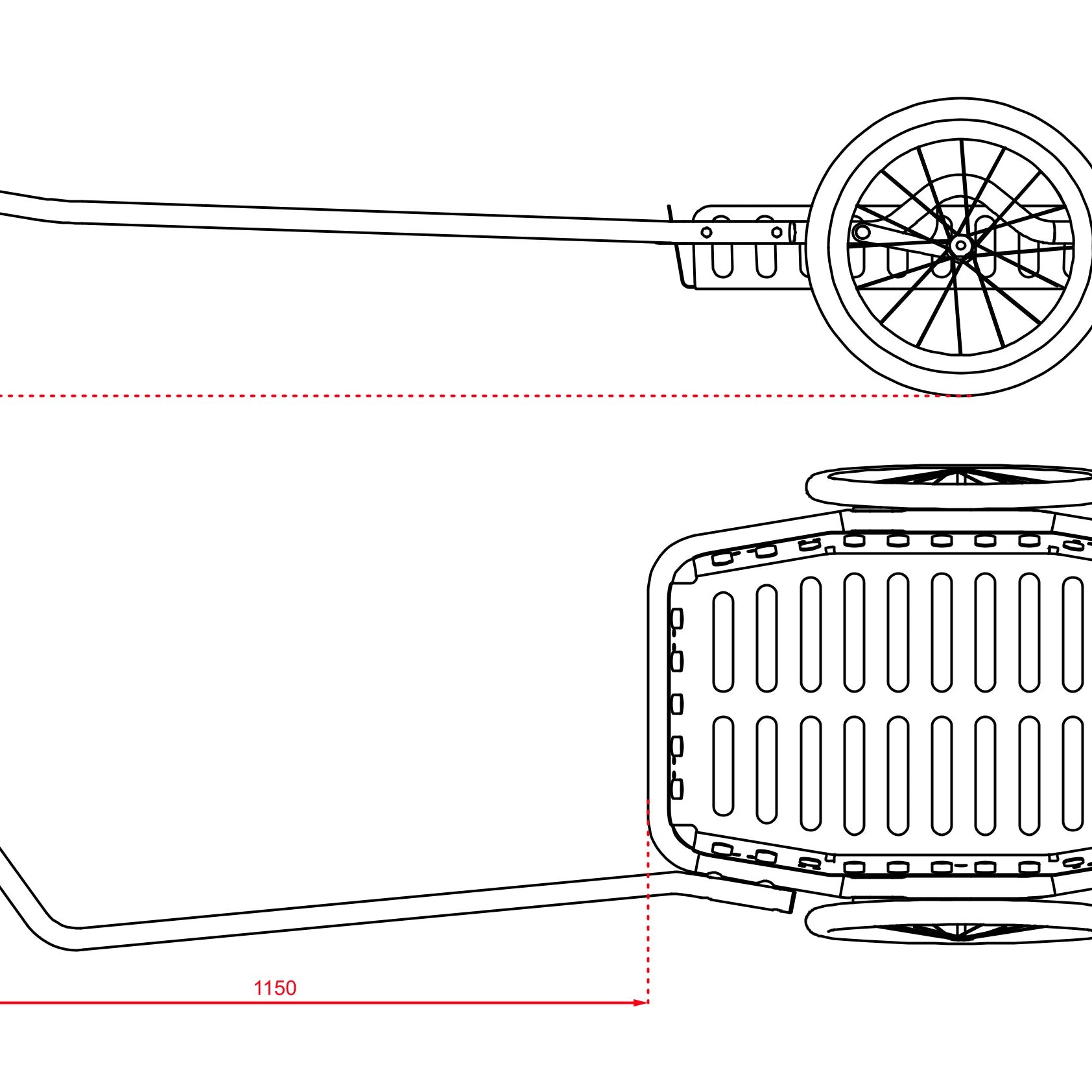 Skizze mit Bemaßung Fahrradanhänger-Deichsel XXL