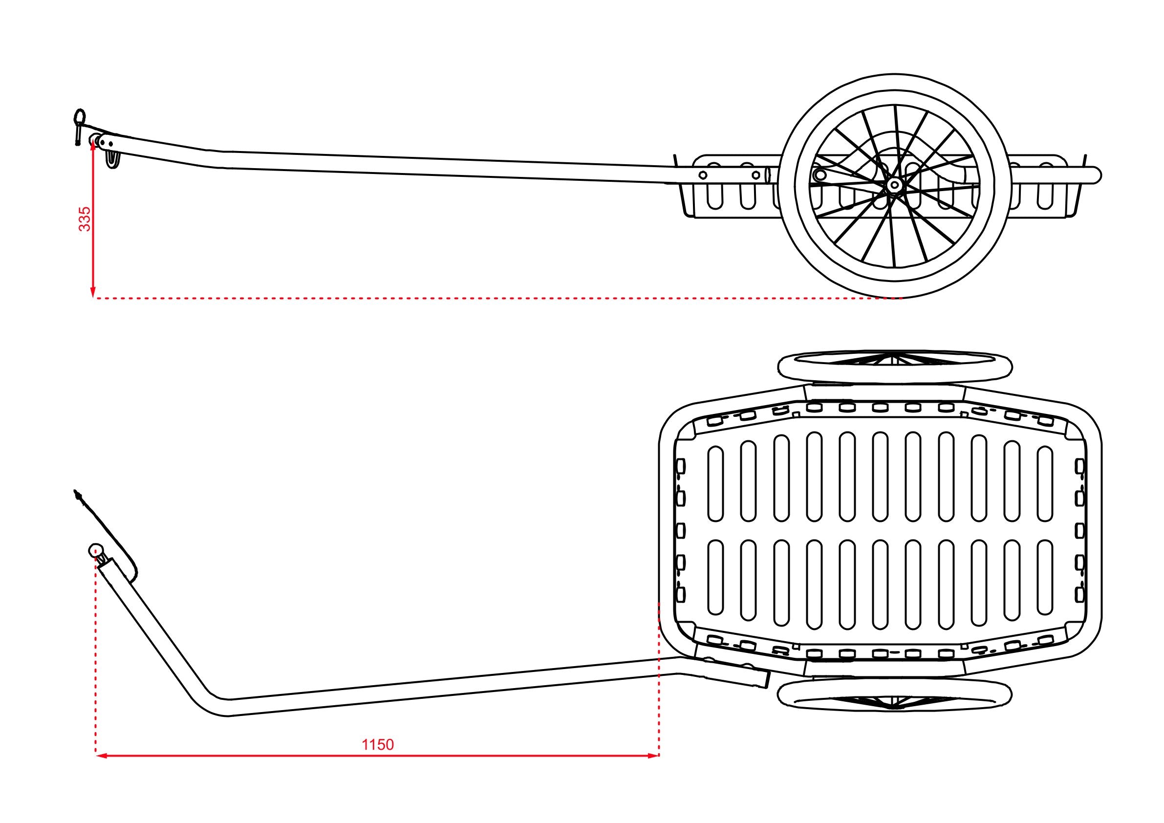 Skizze mit Bemaßung Fahrradanhänger-Deichsel XXL